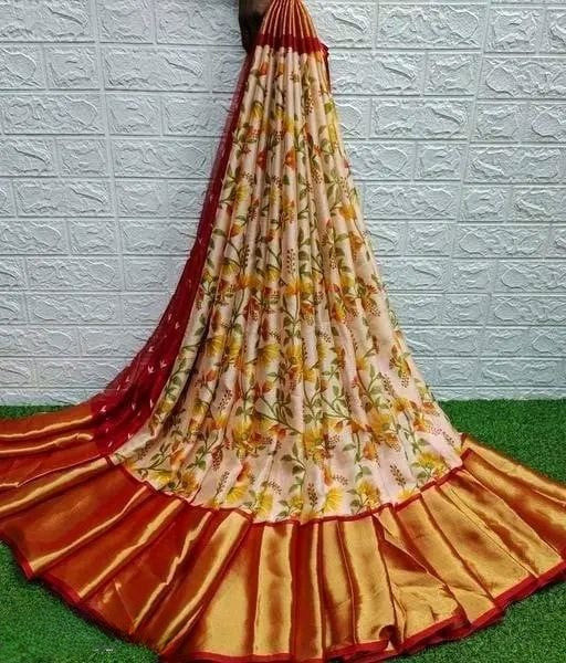 Floral Printed Moss Chiffon Red Saree with Gold Jari Border | Ivaara.