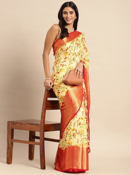 Floral Printed Moss Chiffon Red Saree with Gold Jari Border | Ivaara.