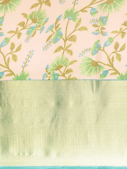 Floral Printed Moss Chiffon Light Blue Saree with Gold Jari Border | Ivaara.