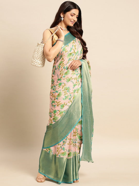 Floral Printed Moss Chiffon Light Blue Saree with Gold Jari Border | Ivaara.