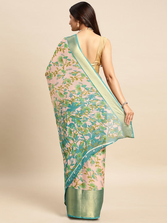 Floral Printed Moss Chiffon Light Blue Saree with Gold Jari Border | Ivaara.