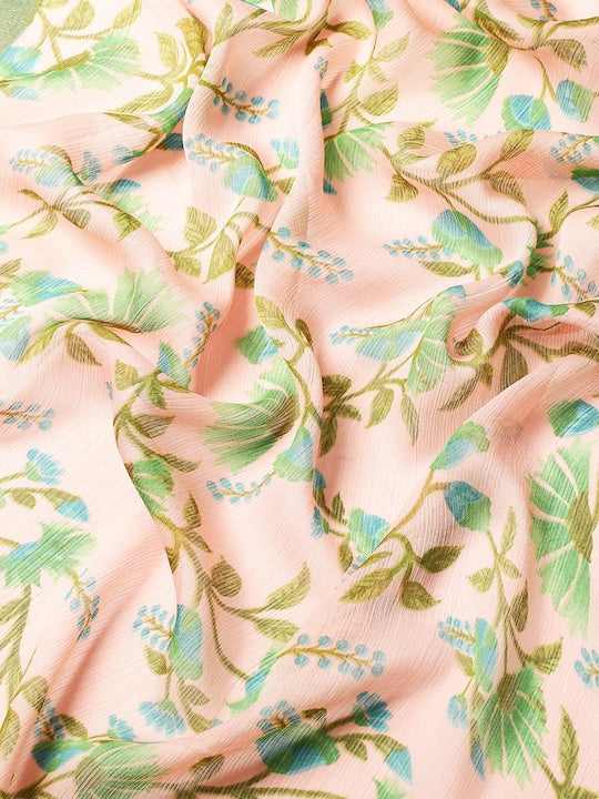 Floral Printed Moss Chiffon Light Blue Saree with Gold Jari Border | Ivaara.