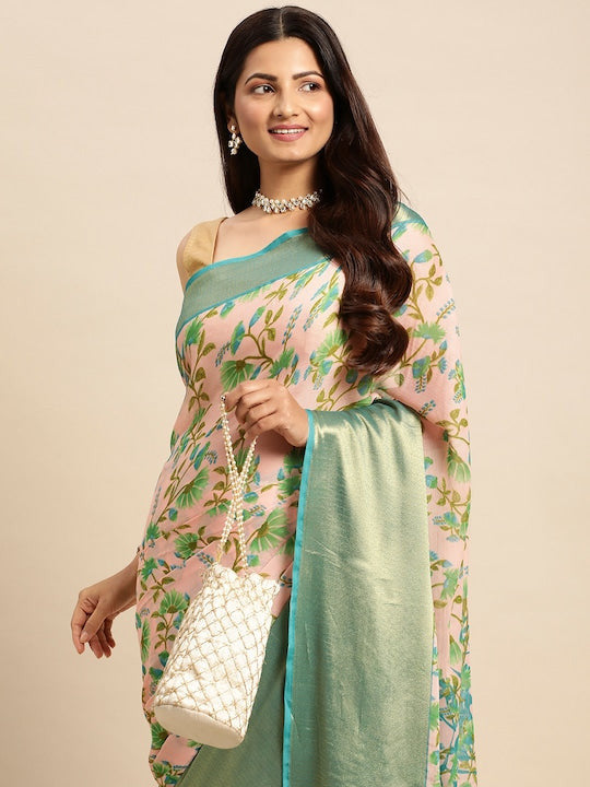 Floral Printed Moss Chiffon Light Blue Saree with Gold Jari Border | Ivaara.