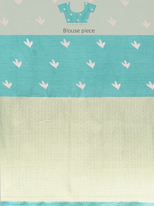 Floral Printed Moss Chiffon Light Blue Saree with Gold Jari Border | Ivaara.