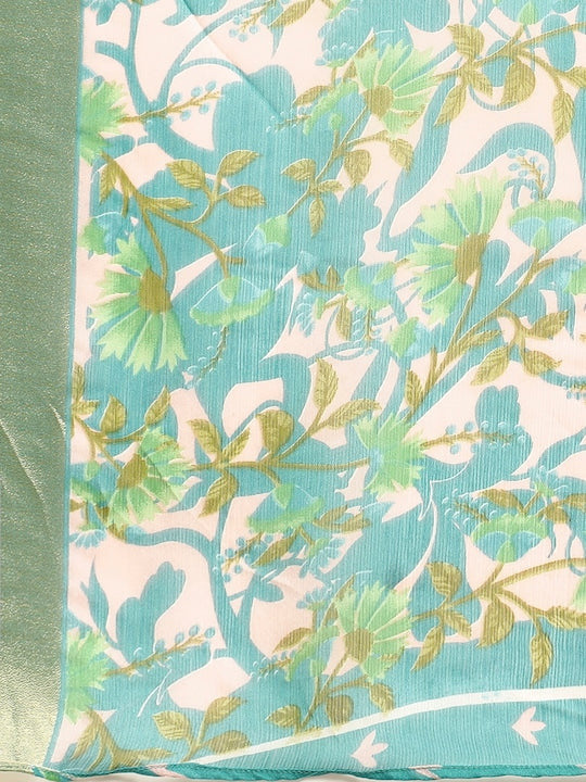 Floral Printed Moss Chiffon Light Blue Saree with Gold Jari Border | Ivaara.