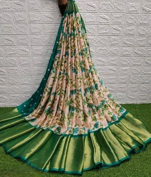 Floral Printed Moss Chiffon Light Blue Saree with Gold Jari Border | Ivaara.