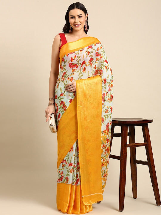 Floral Printed Moss Chiffon Yellow Saree with Gold Jari Border | Ivaara.
