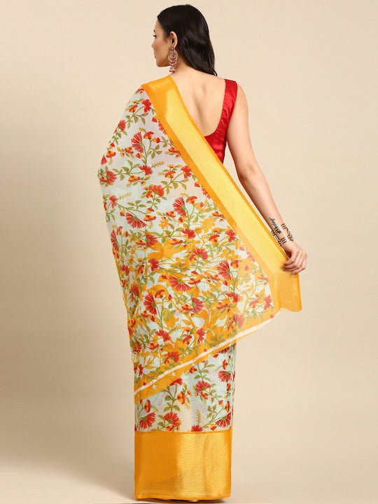 Floral Printed Moss Chiffon Yellow Saree with Gold Jari Border | Ivaara.