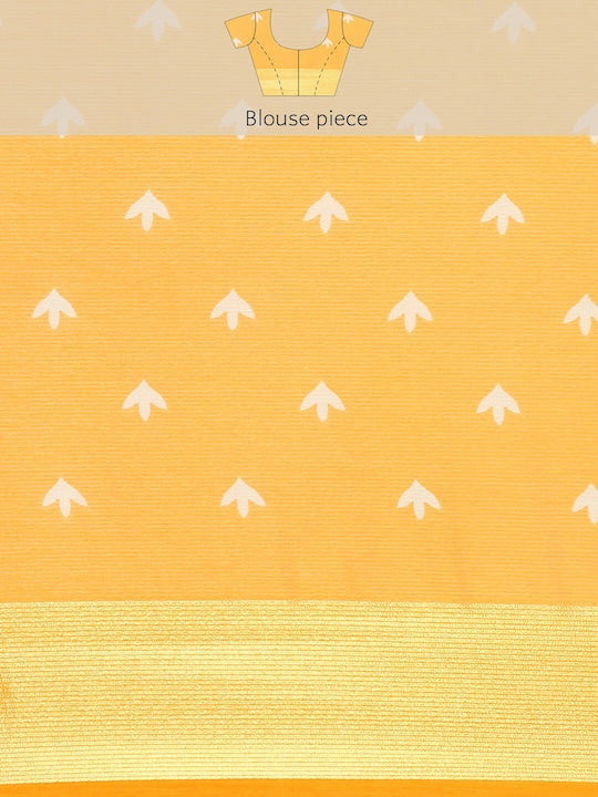 Floral Printed Moss Chiffon Yellow Saree with Gold Jari Border | Ivaara.