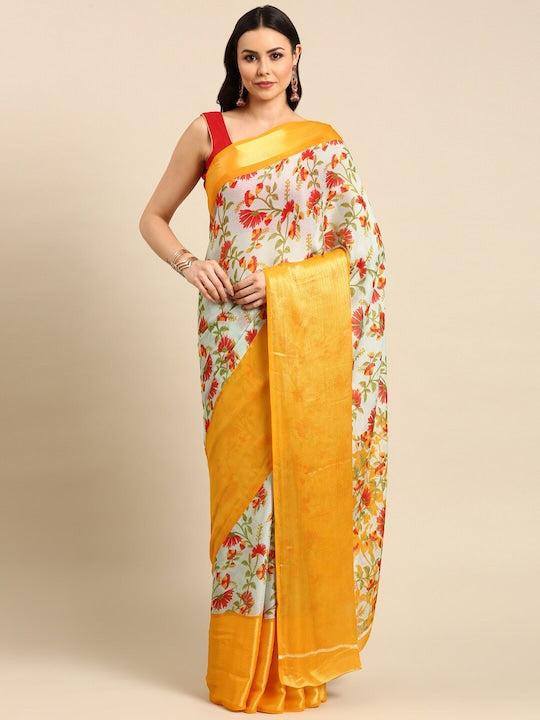 Floral Printed Moss Chiffon Yellow Saree with Gold Jari Border | Ivaara.