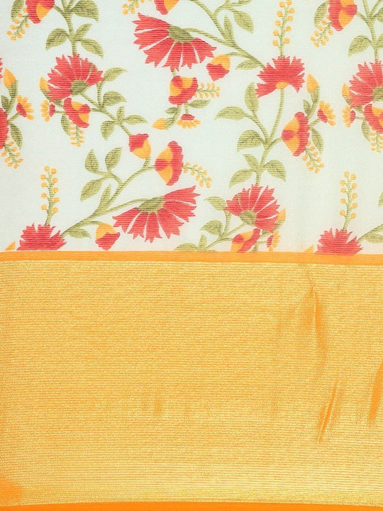 Floral Printed Moss Chiffon Yellow Saree with Gold Jari Border | Ivaara.
