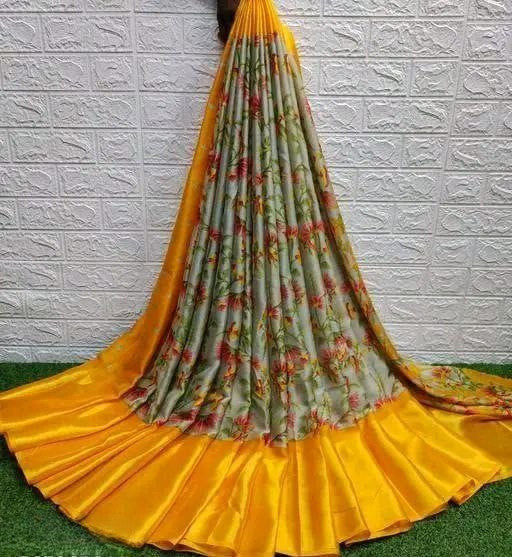 Floral Printed Moss Chiffon Yellow Saree with Gold Jari Border | Ivaara.