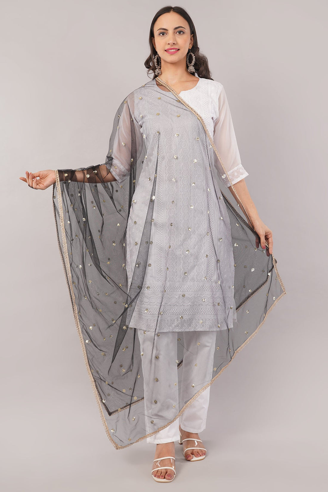 Ivaara Net Sequins Butti Dupatta (NBD1) – Lightweight Embroidered Dupatta for Women | Festive & Party Wear.