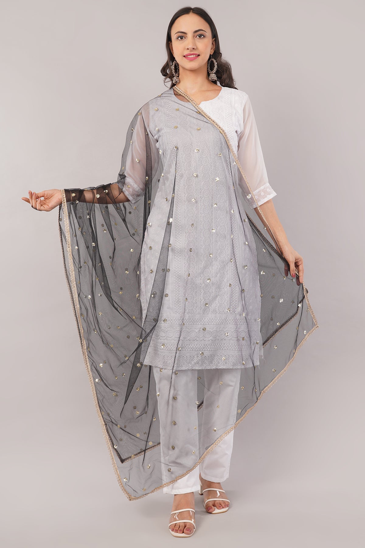 Ivaara Net Sequins Butti Dupatta (NBD1) – Lightweight Embroidered Dupatta for Women | Festive & Party Wear.