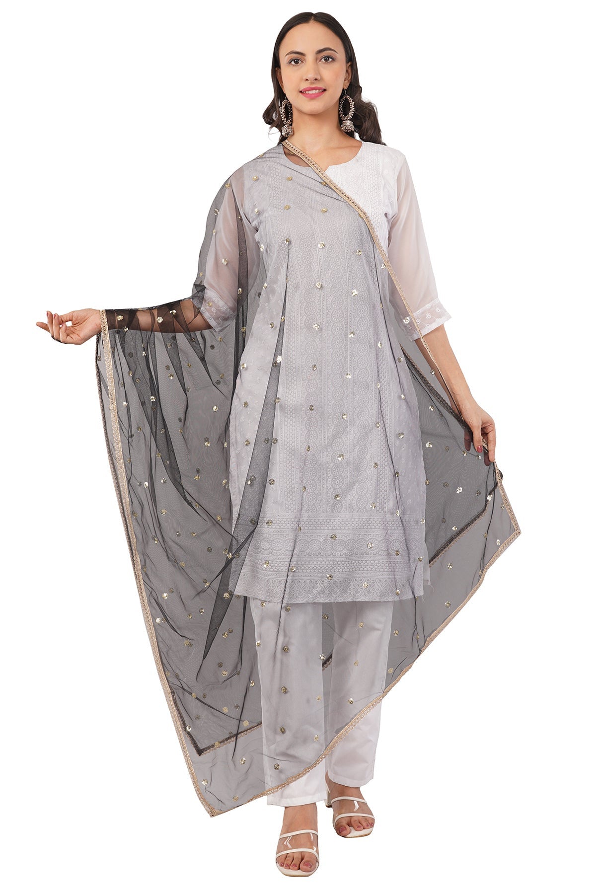 Ivaara Net Sequins Butti Dupatta (NBD1) – Lightweight Embroidered Dupatta for Women | Festive & Party Wear.