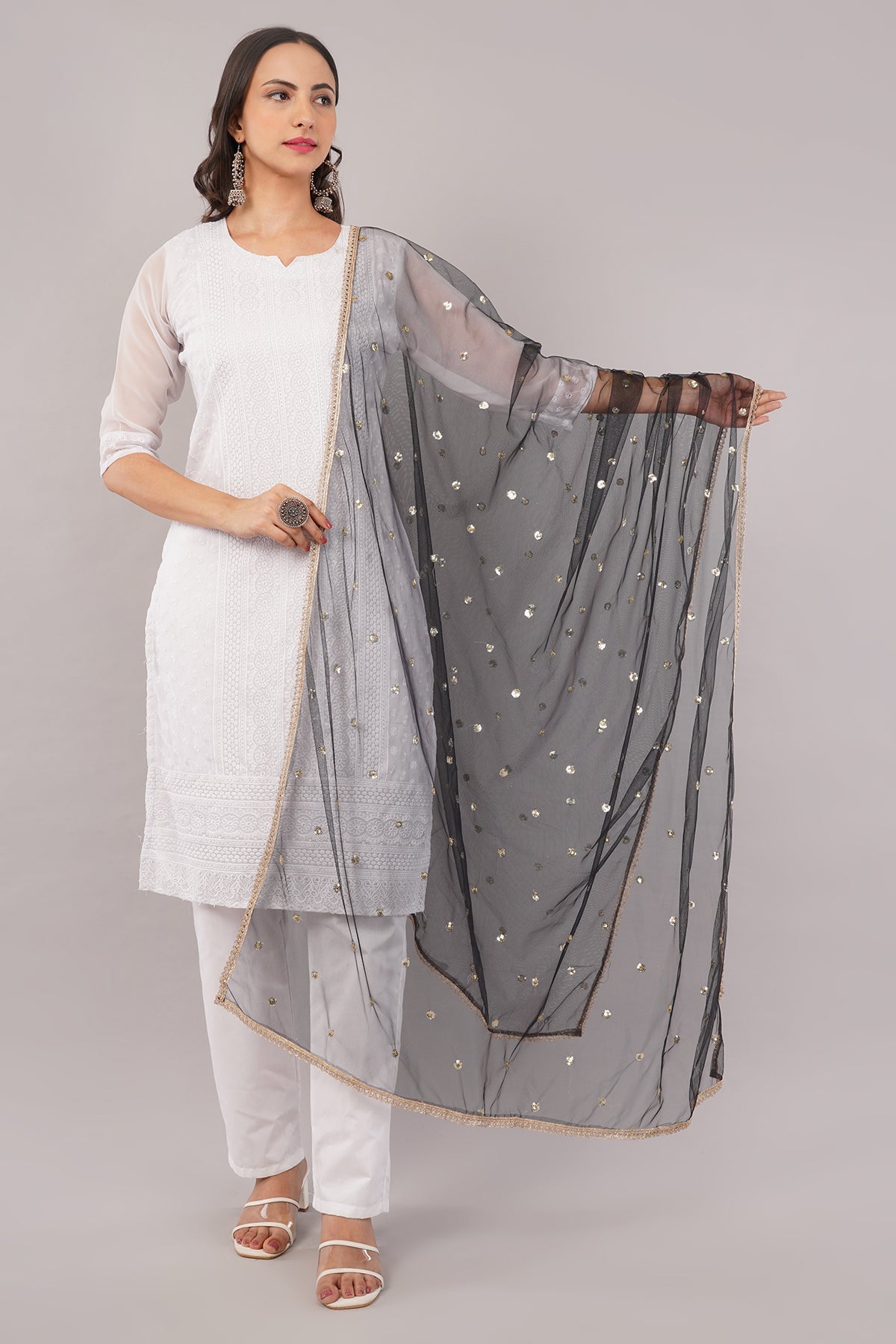 Ivaara Net Sequins Butti Dupatta (NBD1) – Lightweight Embroidered Dupatta for Women | Festive & Party Wear.