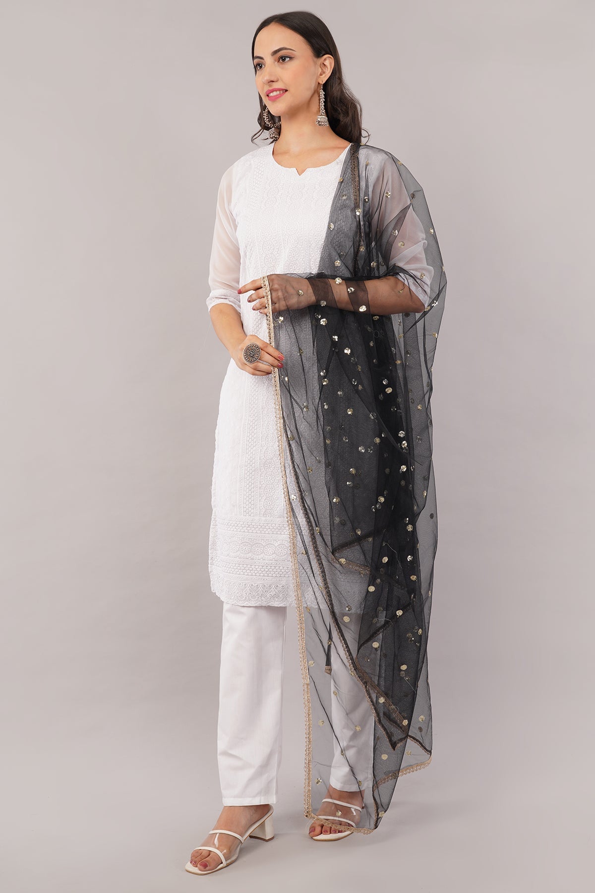 Ivaara Net Sequins Butti Dupatta (NBD1) – Lightweight Embroidered Dupatta for Women | Festive & Party Wear.