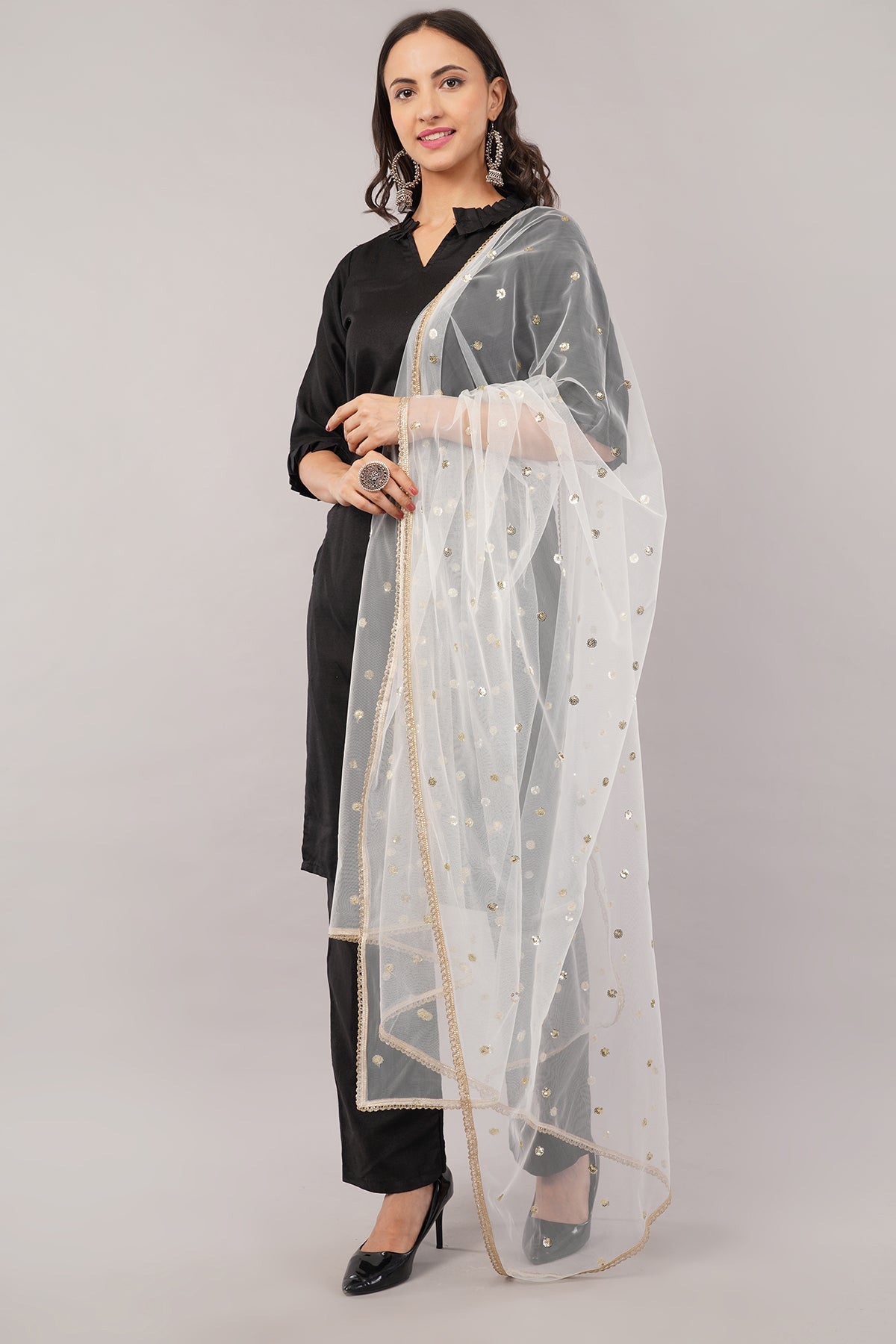 Ivaara Net Sequins Butti Dupatta (NBD4) – Lightweight Embroidered Dupatta for Women | Festive & Party Wear.