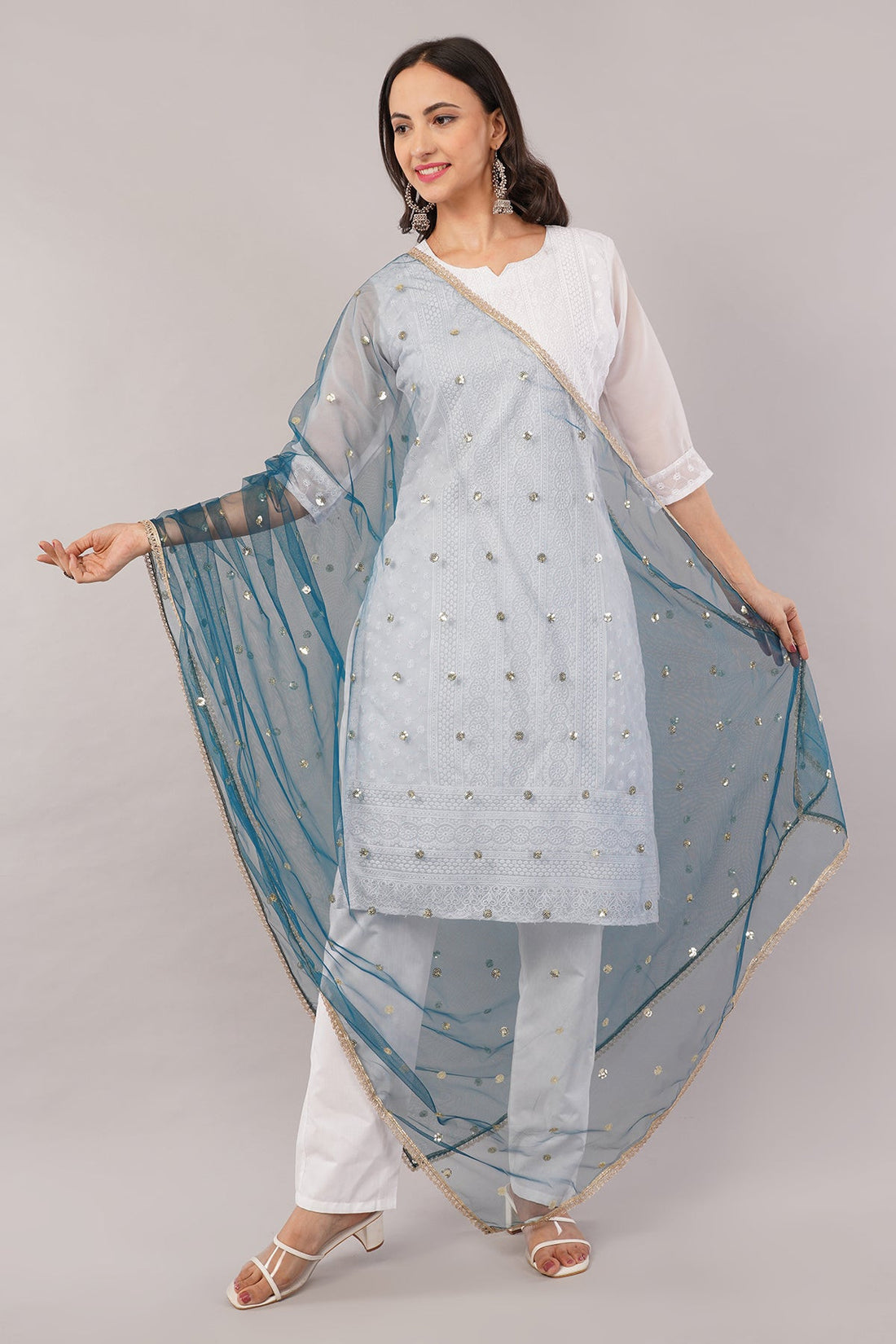 Ivaara Net Sequins Butti Dupatta (NBD8) – Lightweight Embroidered Dupatta for Women | Festive & Party Wear.