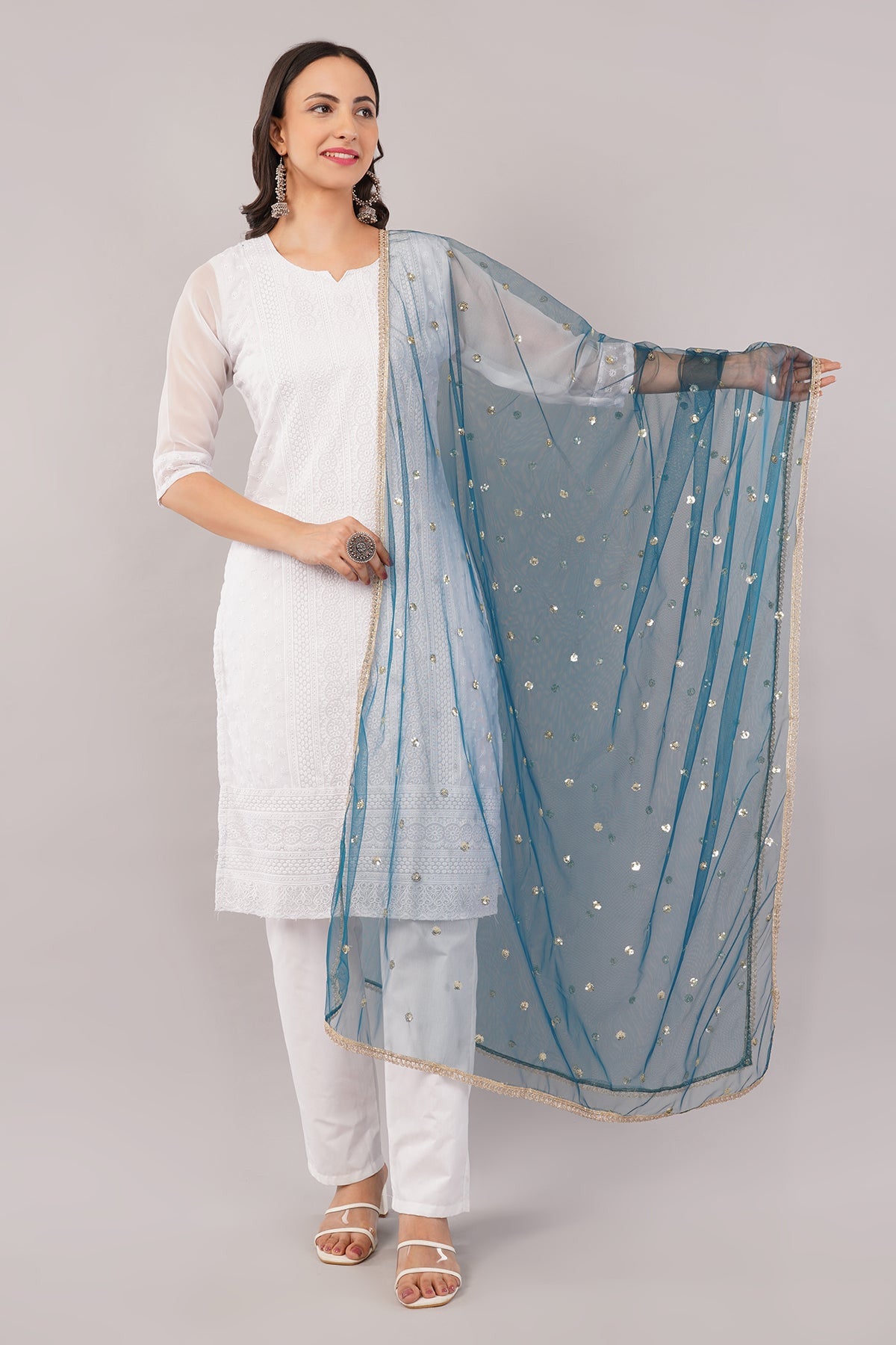 Ivaara Net Sequins Butti Dupatta (NBD8) – Lightweight Embroidered Dupatta for Women | Festive & Party Wear.