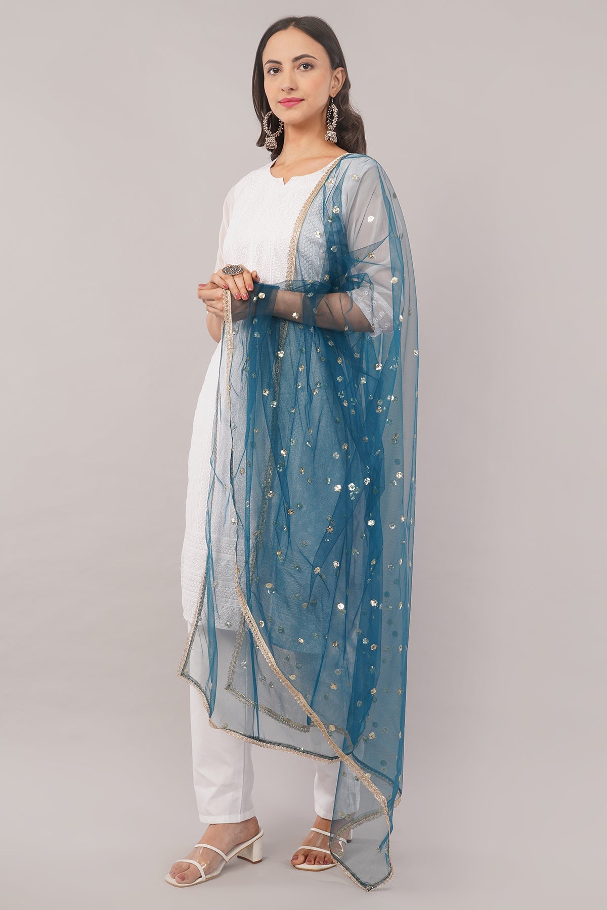Ivaara Net Sequins Butti Dupatta (NBD8) – Lightweight Embroidered Dupatta for Women | Festive & Party Wear.