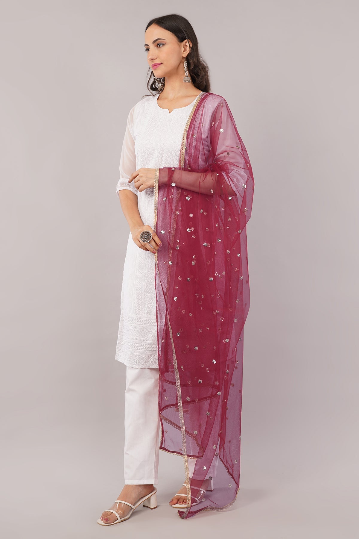 Ivaara Net Sequins Butti Dupatta (NBD9) – Lightweight Embroidered Dupatta for Women | Festive & Party Wear.