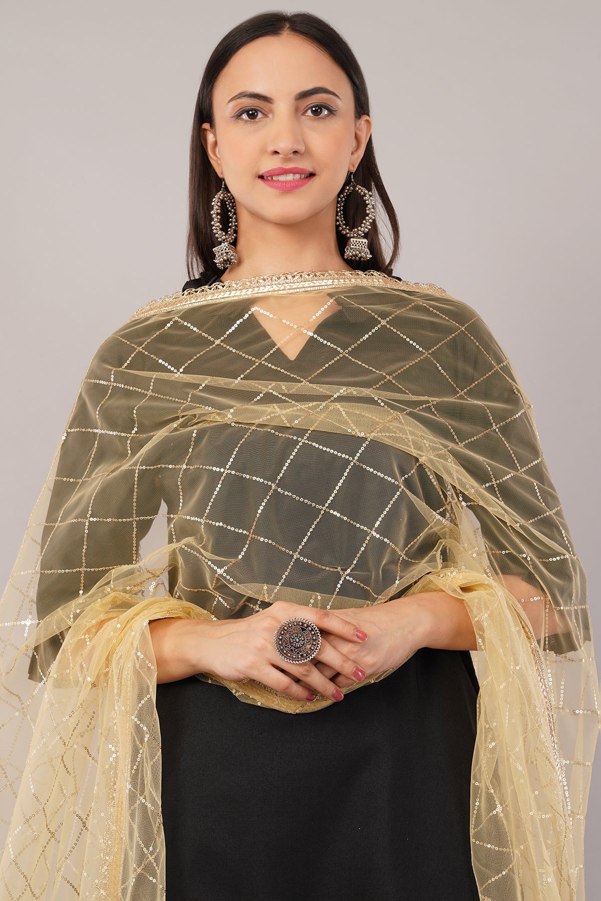 Net Sequins Dupatta for Women Chiku (NB2) – Ivaara Soft Embroidered Dupatta.