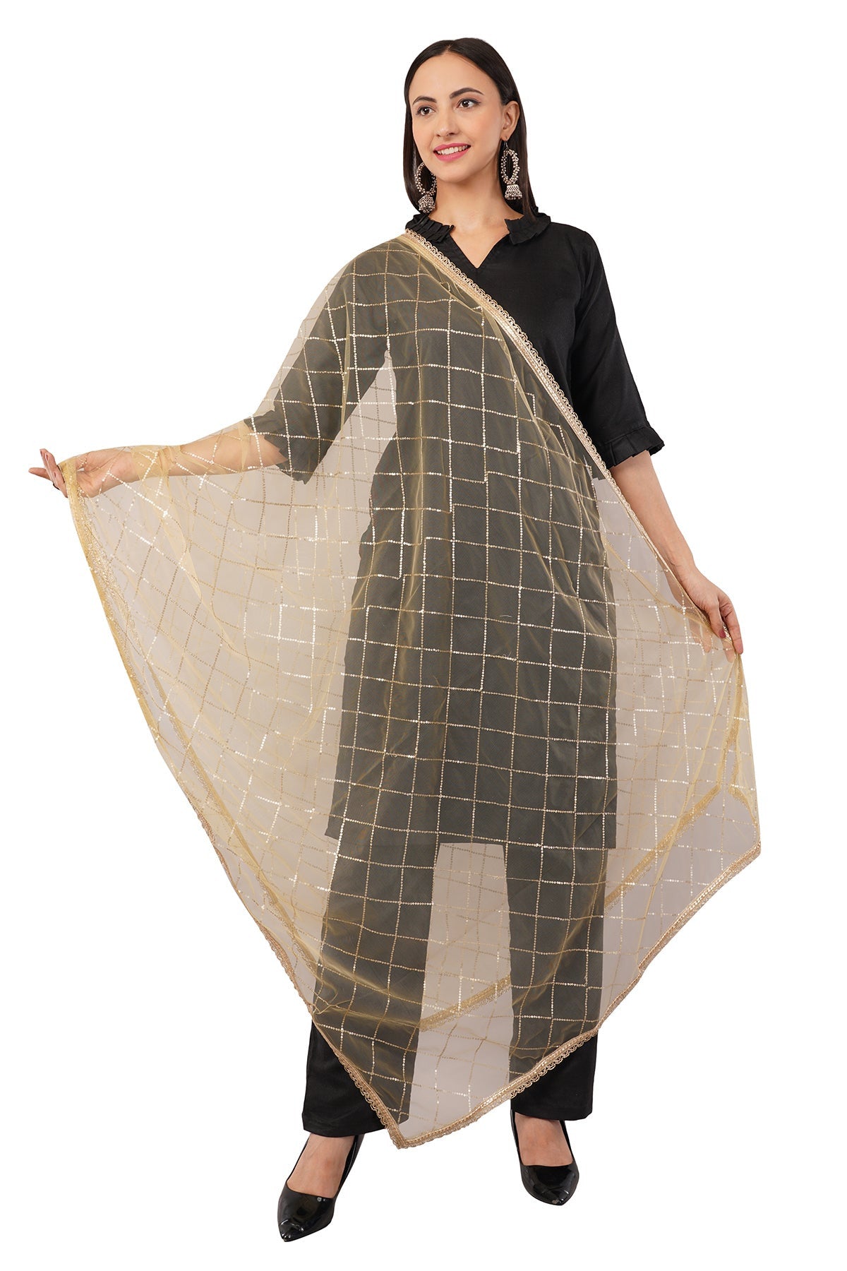 Net Sequins Dupatta for Women Chiku (NB2) – Ivaara Soft Embroidered Dupatta.