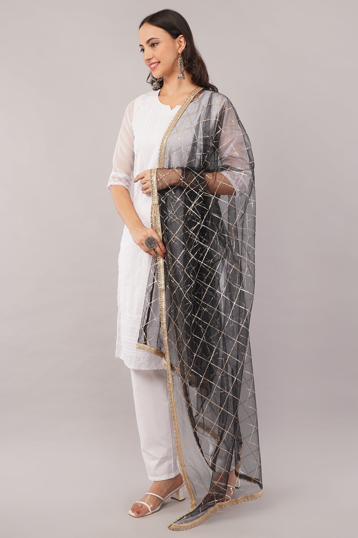 Net Sequins Dupatta for Women Black (NB4) – Ivaara Soft Embroidered Dupatta.