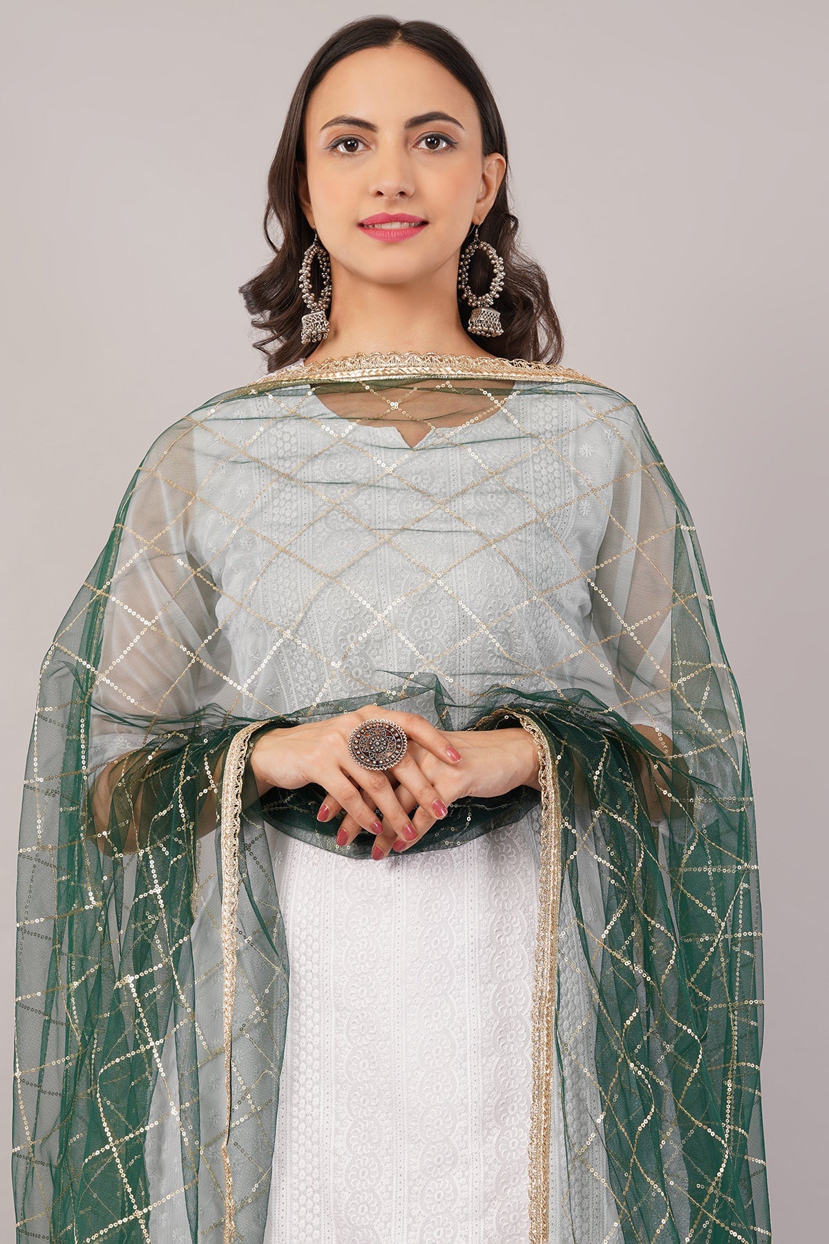 Net Sequins Dupatta for Women Bottle Green (NB6) – Ivaara Soft Embroidered Dupatta.
