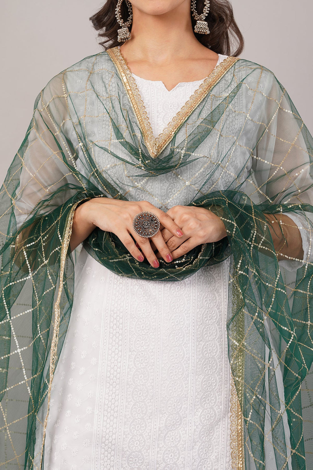 Net Sequins Dupatta for Women Bottle Green (NB6) – Ivaara Soft Embroidered Dupatta.