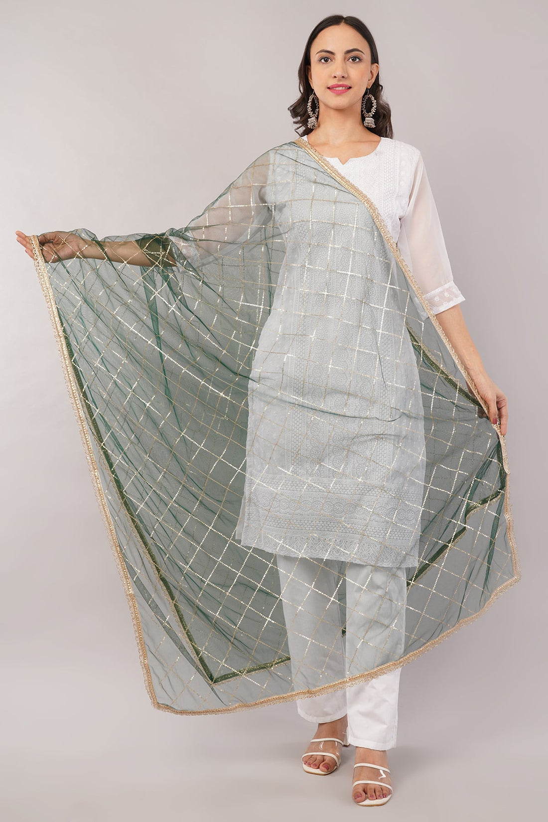 Net Sequins Dupatta for Women Bottle Green (NB6) – Ivaara Soft Embroidered Dupatta.