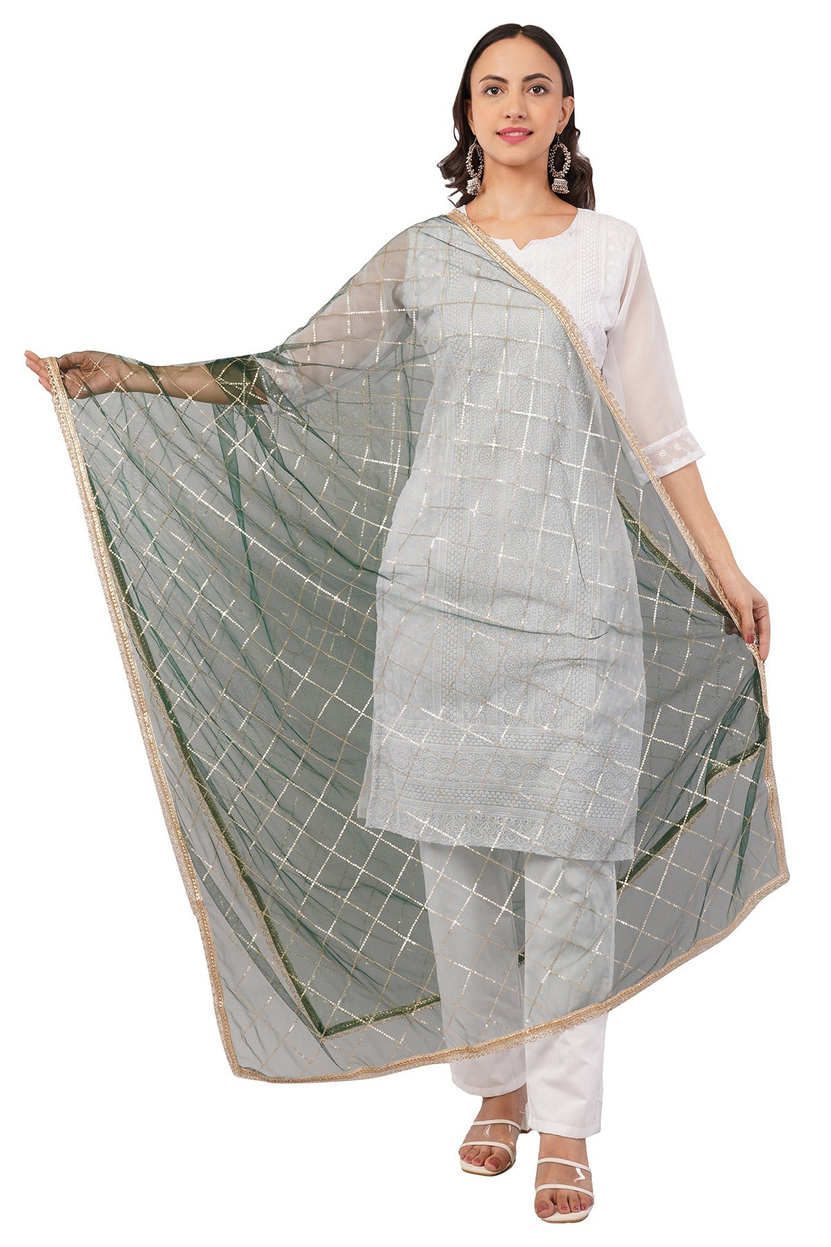 Net Sequins Dupatta for Women Bottle Green (NB6) – Ivaara Soft Embroidered Dupatta.