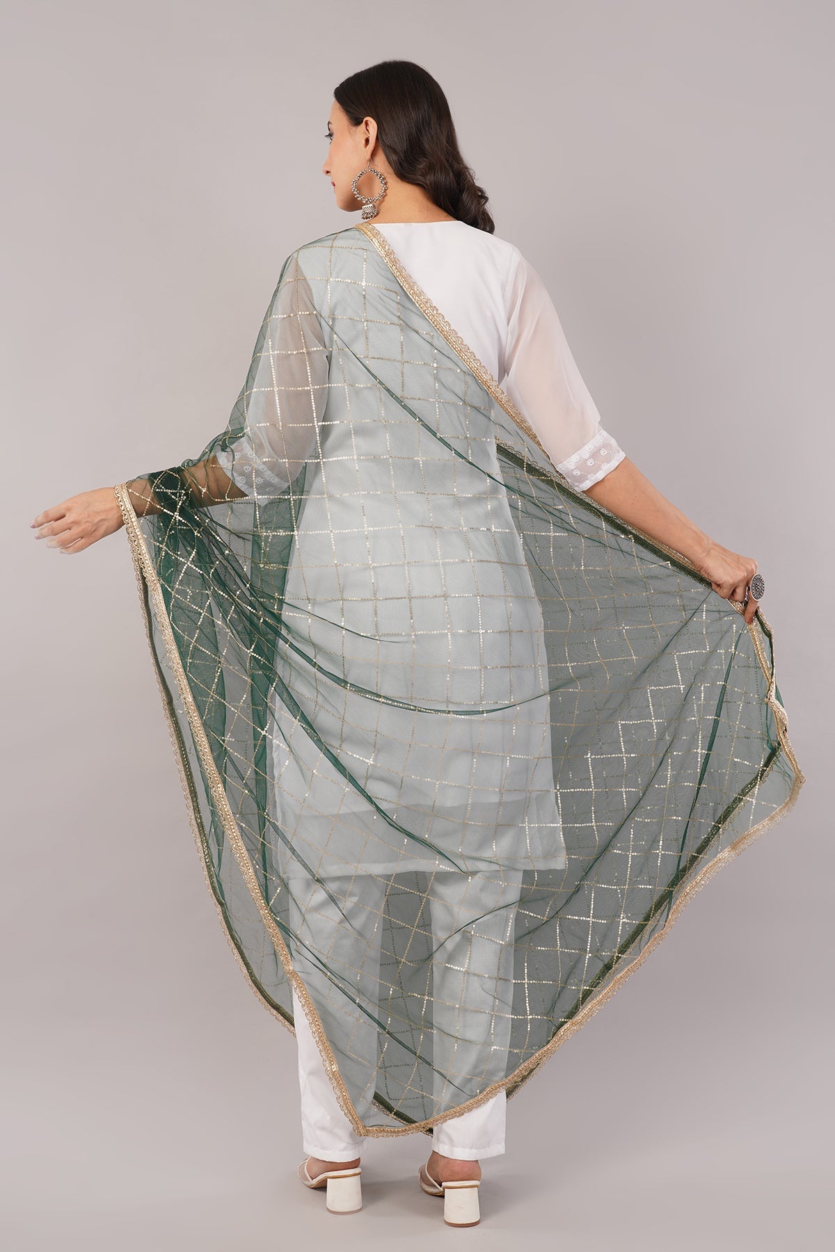 Net Sequins Dupatta for Women Bottle Green (NB6) – Ivaara Soft Embroidered Dupatta.