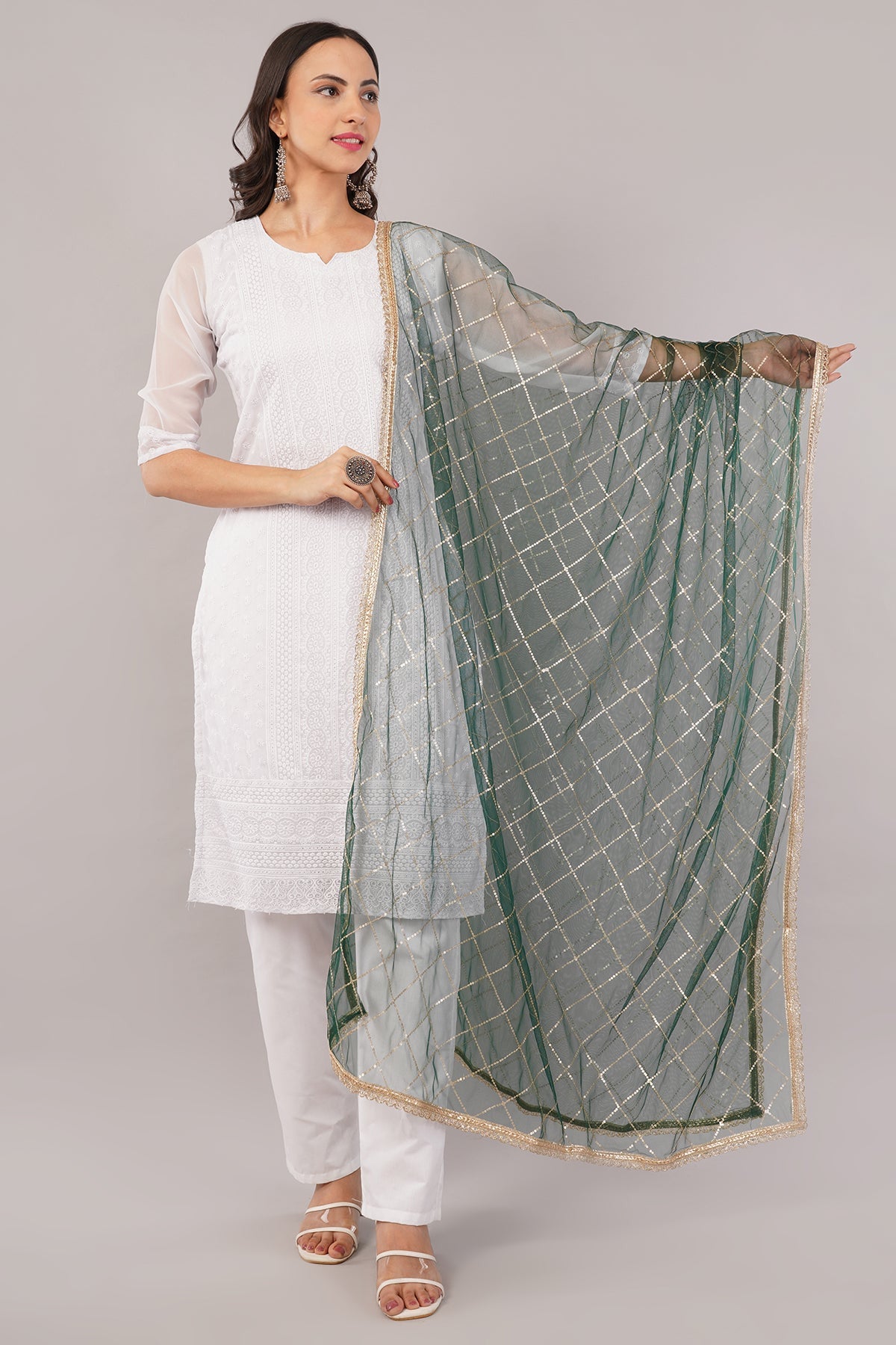 Net Sequins Dupatta for Women Bottle Green (NB6) – Ivaara Soft Embroidered Dupatta.