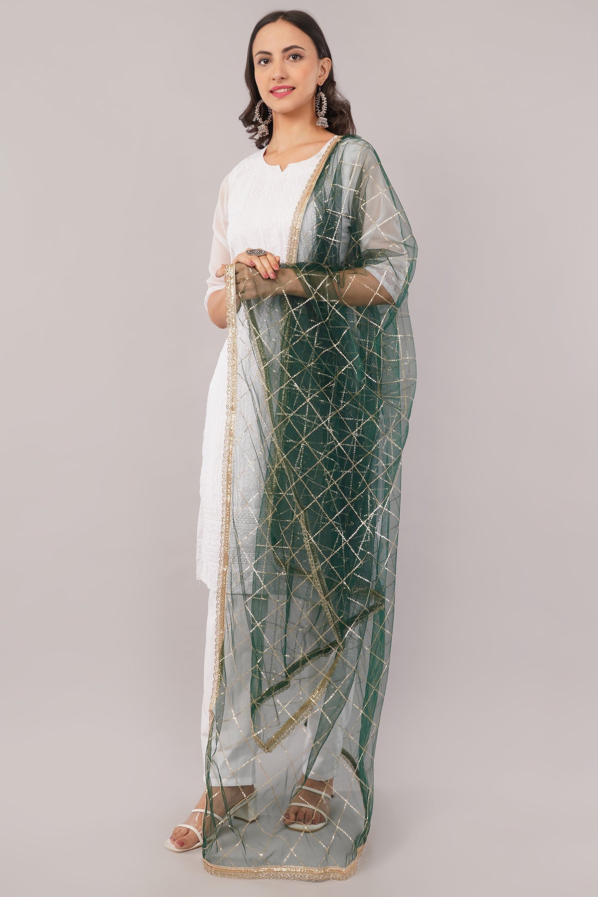 Net Sequins Dupatta for Women Bottle Green (NB6) – Ivaara Soft Embroidered Dupatta.