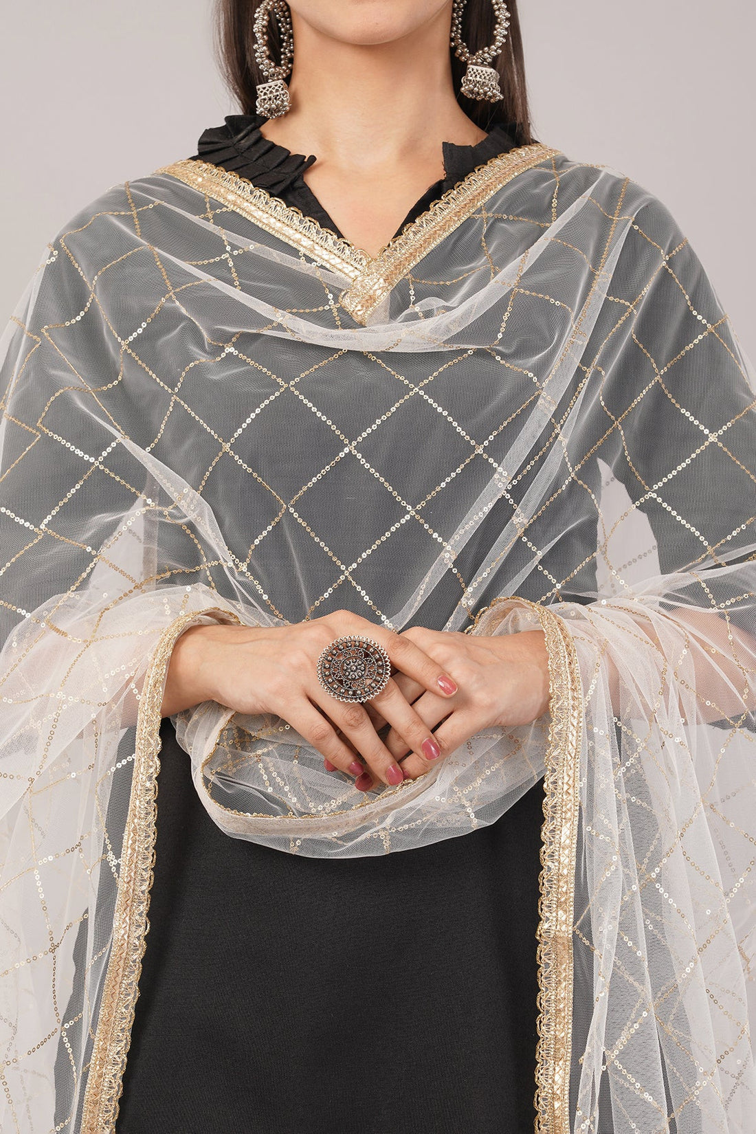 Net Sequins Dupatta for Women Cream (NB8) – Ivaara Soft Embroidered Dupatta.