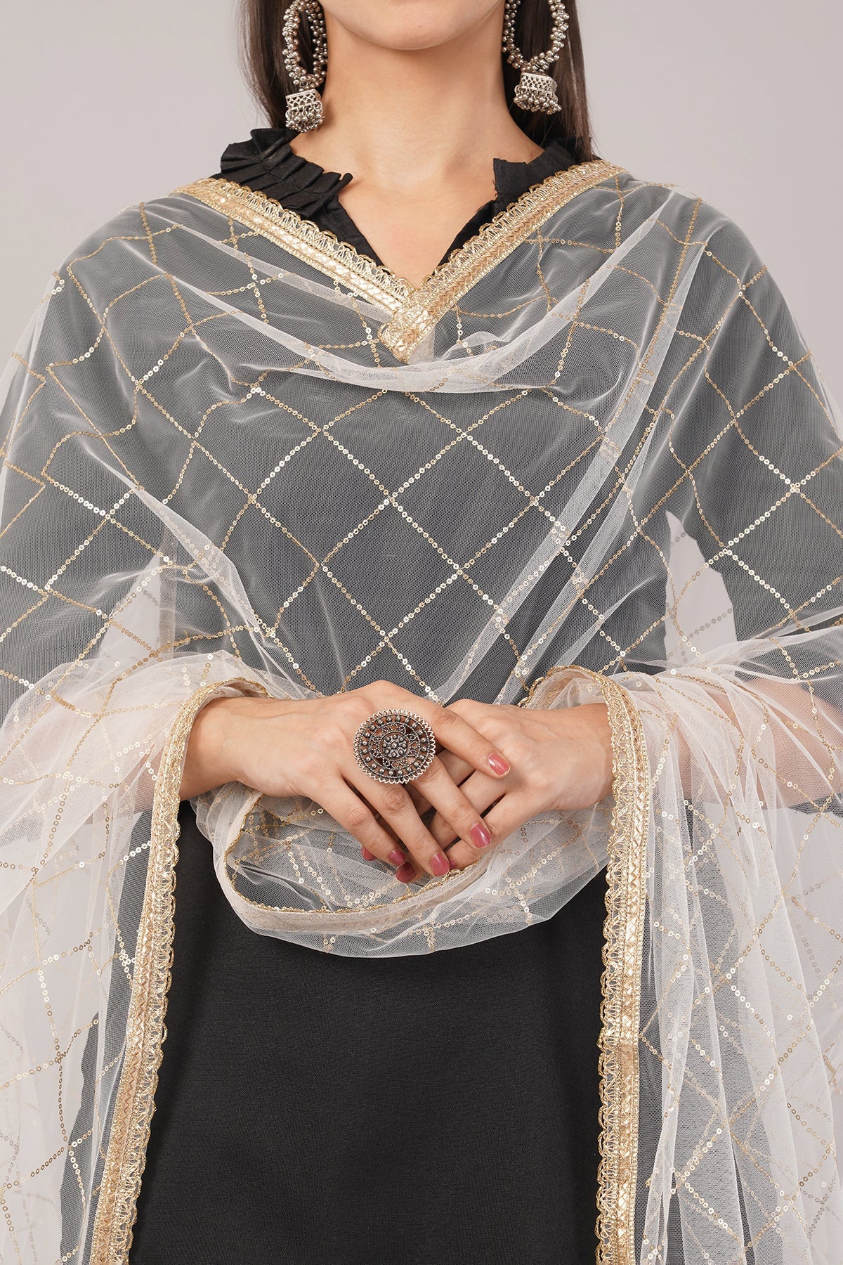 Net Sequins Dupatta for Women Cream (NB8) – Ivaara Soft Embroidered Dupatta.