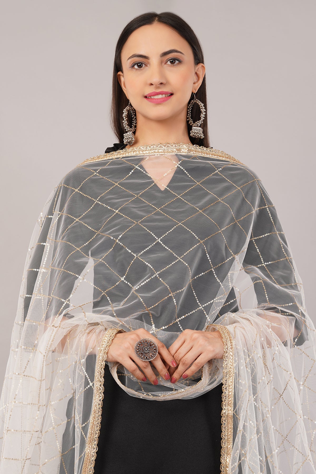 Net Sequins Dupatta for Women Cream (NB8) – Ivaara Soft Embroidered Dupatta.