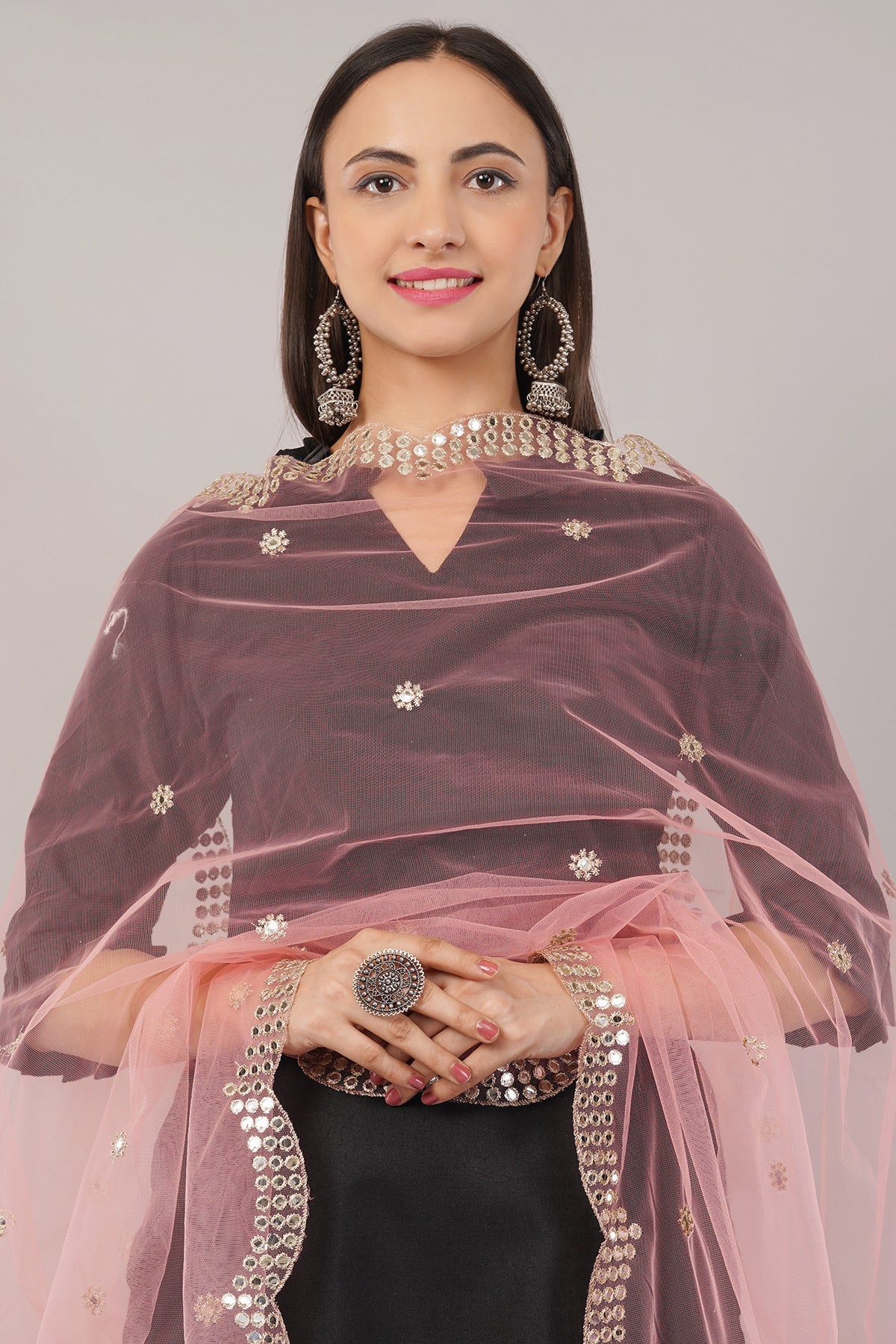 Net Cutwork Dupatta  – Embroidered With Mirror work | Gajari (NC7) | IVAARA.
