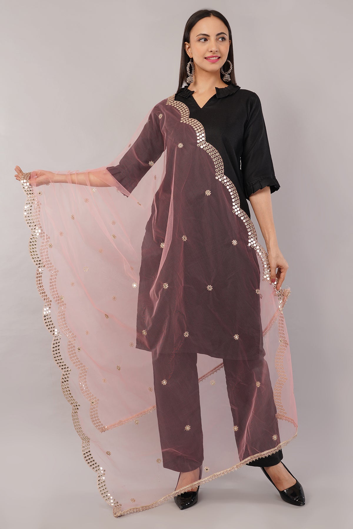 Net Cutwork Dupatta  – Embroidered With Mirror work | Gajari (NC7) | IVAARA.
