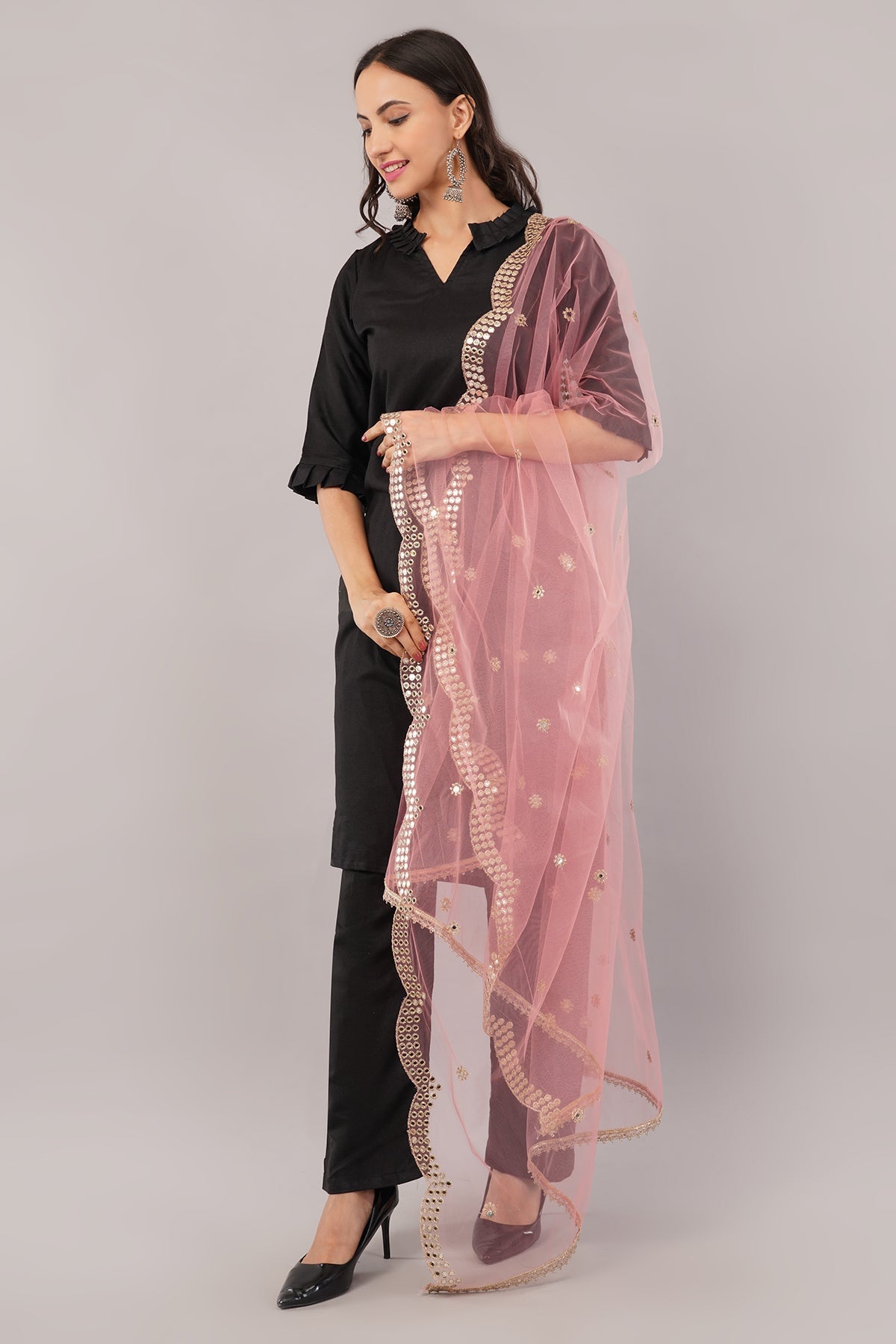 Net Cutwork Dupatta  – Embroidered With Mirror work | Gajari (NC7) | IVAARA.