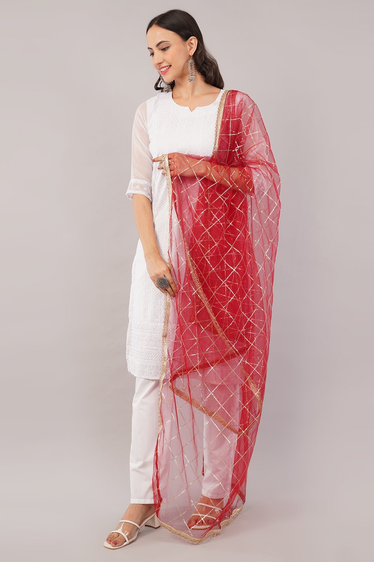 Net Sequins Dupatta for Women Maroon (NB3) – Ivaara Soft Embroidered Dupatta.