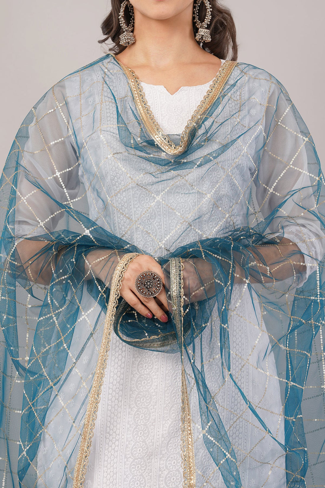 Net Sequins Dupatta for Peacock Blue (NB10) – Ivaara Soft Embroidered Dupatta.