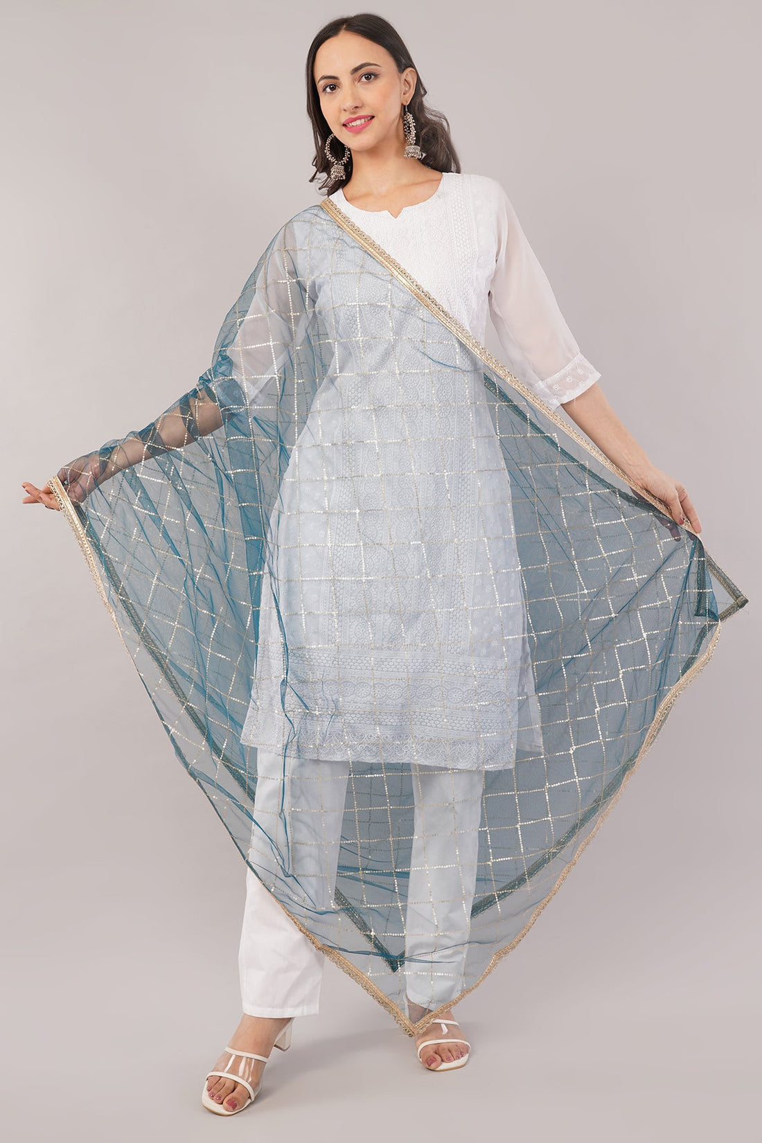 Net Sequins Dupatta for Peacock Blue (NB10) – Ivaara Soft Embroidered Dupatta.