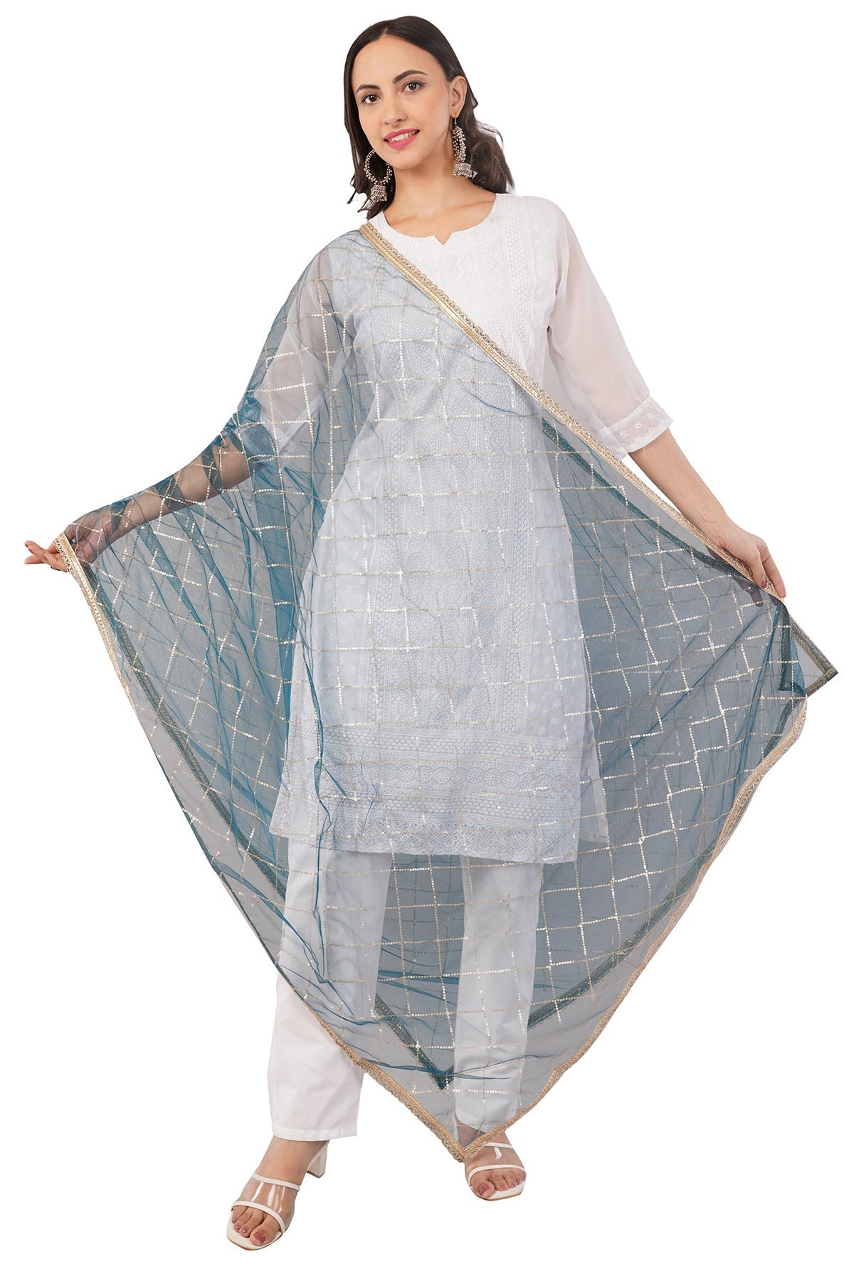Net Sequins Dupatta for Peacock Blue (NB10) – Ivaara Soft Embroidered Dupatta.