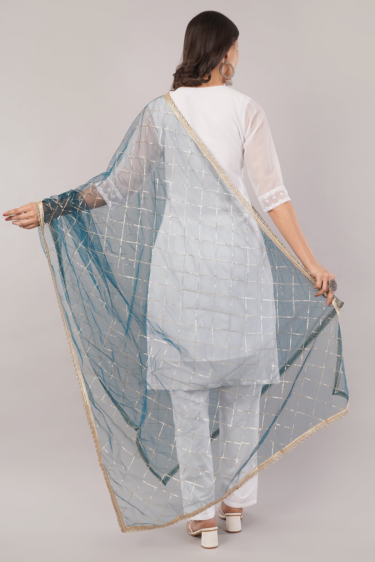 Net Sequins Dupatta for Peacock Blue (NB10) – Ivaara Soft Embroidered Dupatta.