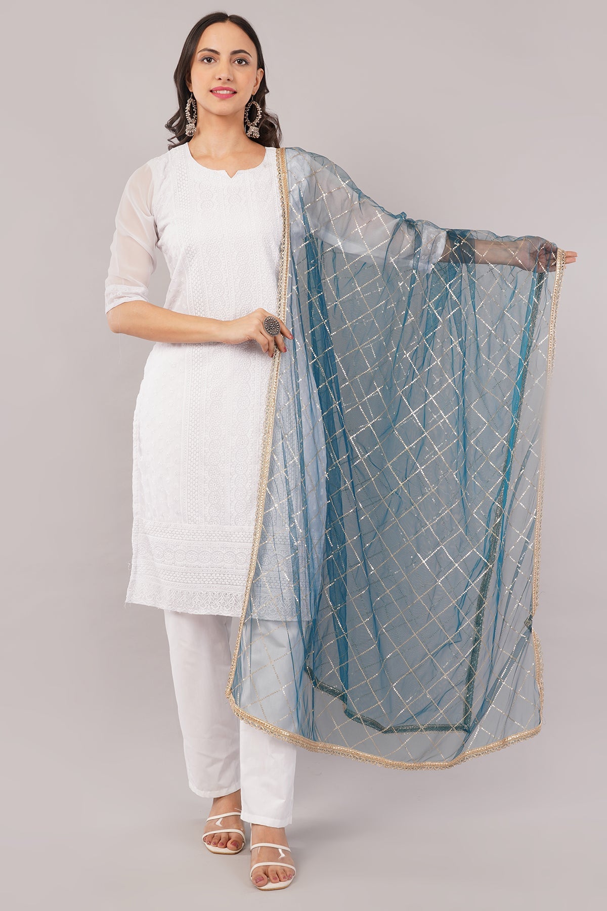 Net Sequins Dupatta for Peacock Blue (NB10) – Ivaara Soft Embroidered Dupatta.