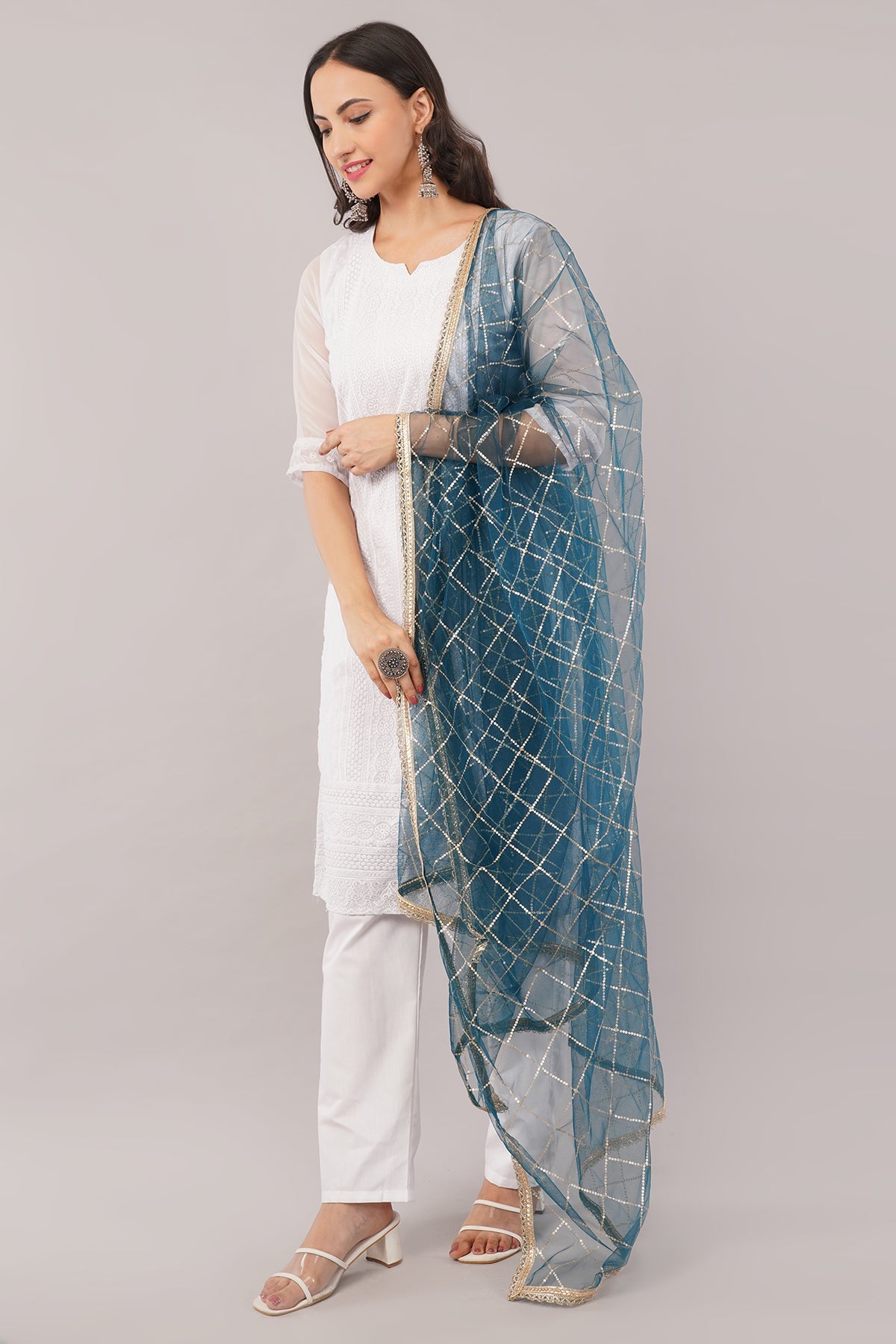 Net Sequins Dupatta for Peacock Blue (NB10) – Ivaara Soft Embroidered Dupatta.