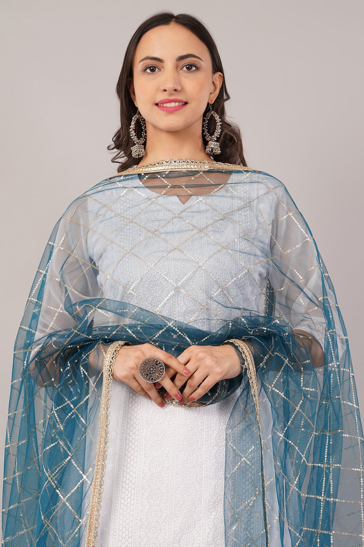 Net Sequins Dupatta for Peacock Blue (NB10) – Ivaara Soft Embroidered Dupatta.